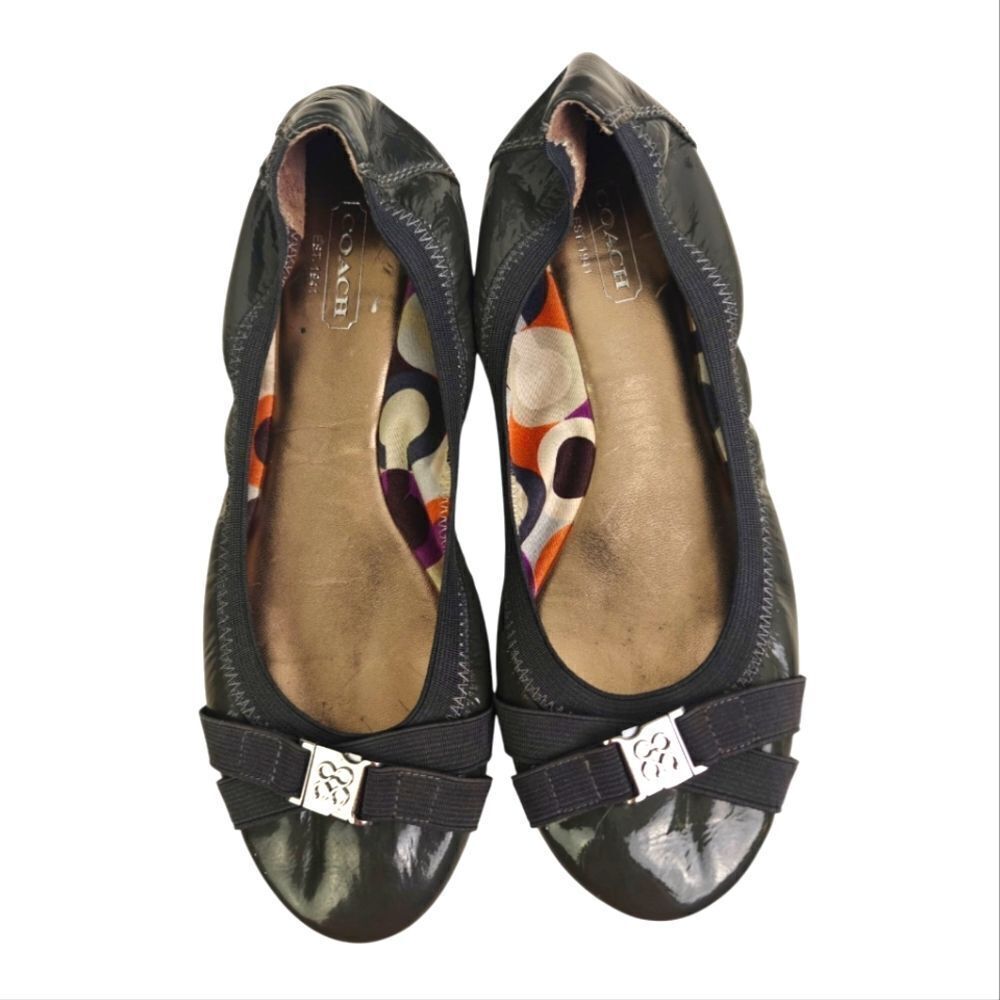 Coach Silver Gray Patent Leather Flats with Logo Buckle